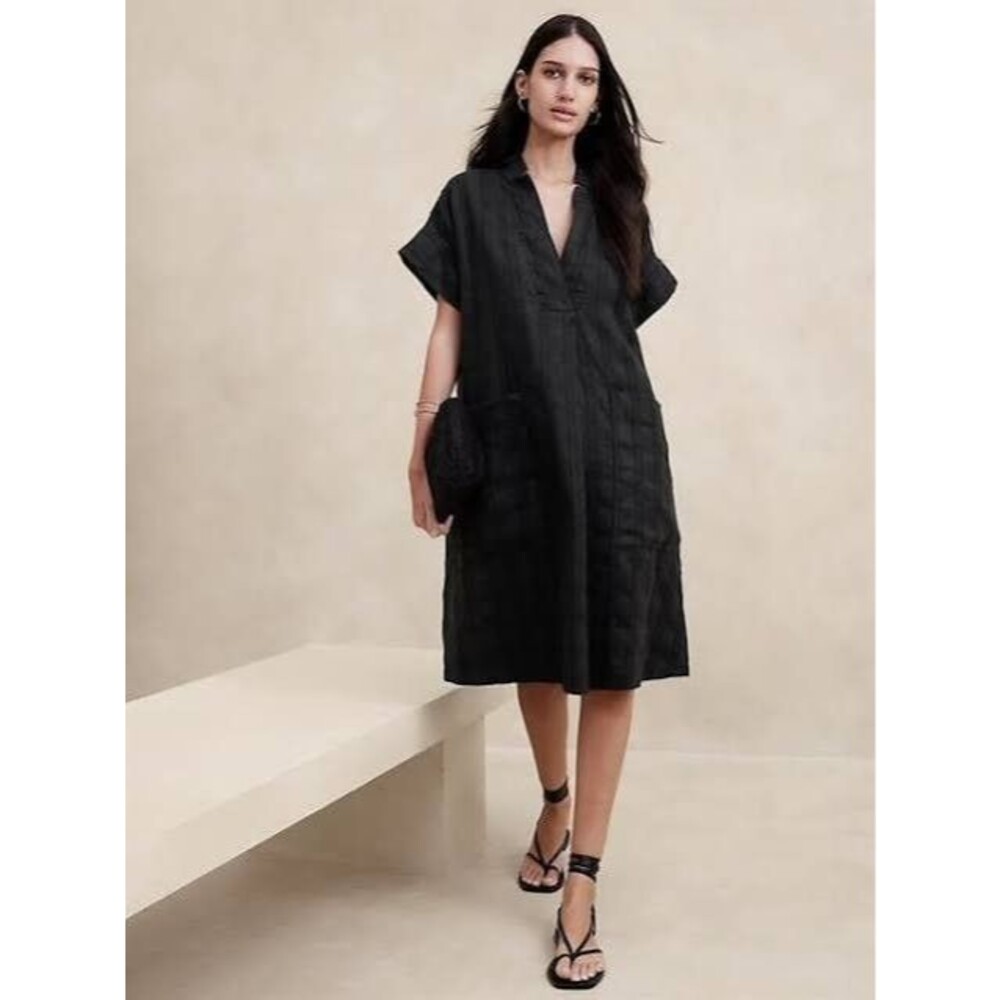 Banana Republic Laurel Linen Cotton Utility Dress XL Relaxed Shift Patch Pockets